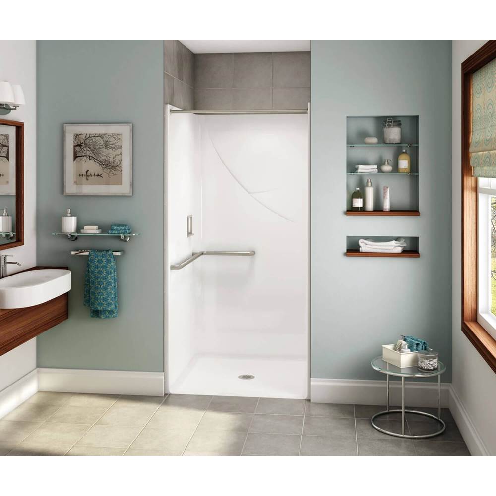 Aker OPS-3636 AcrylX Alcove Center Drain One-Piece Shower in White - L-shaped Grab Bar