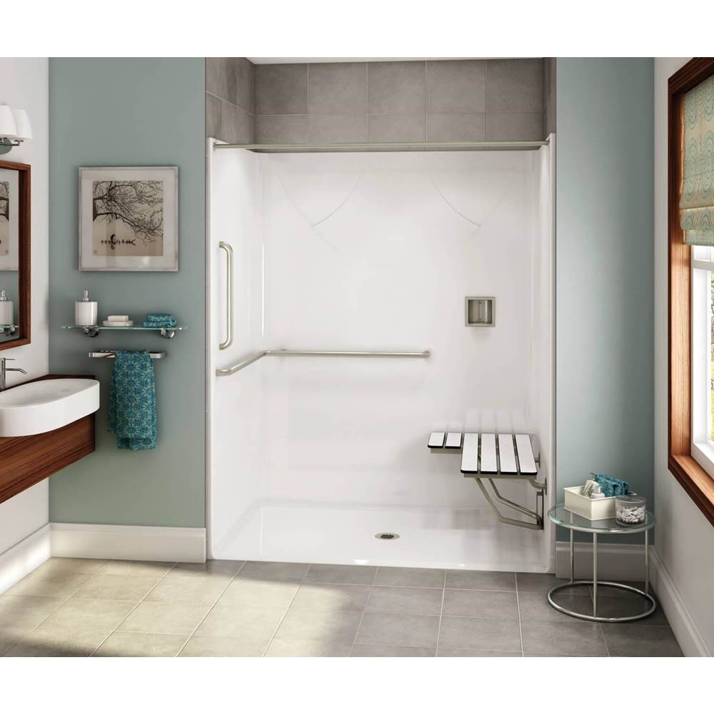 Aker OPS-6036-RS AcrylX Alcove Center Drain One-Piece Shower in Biscuit - ANSI Grab Bar and seat