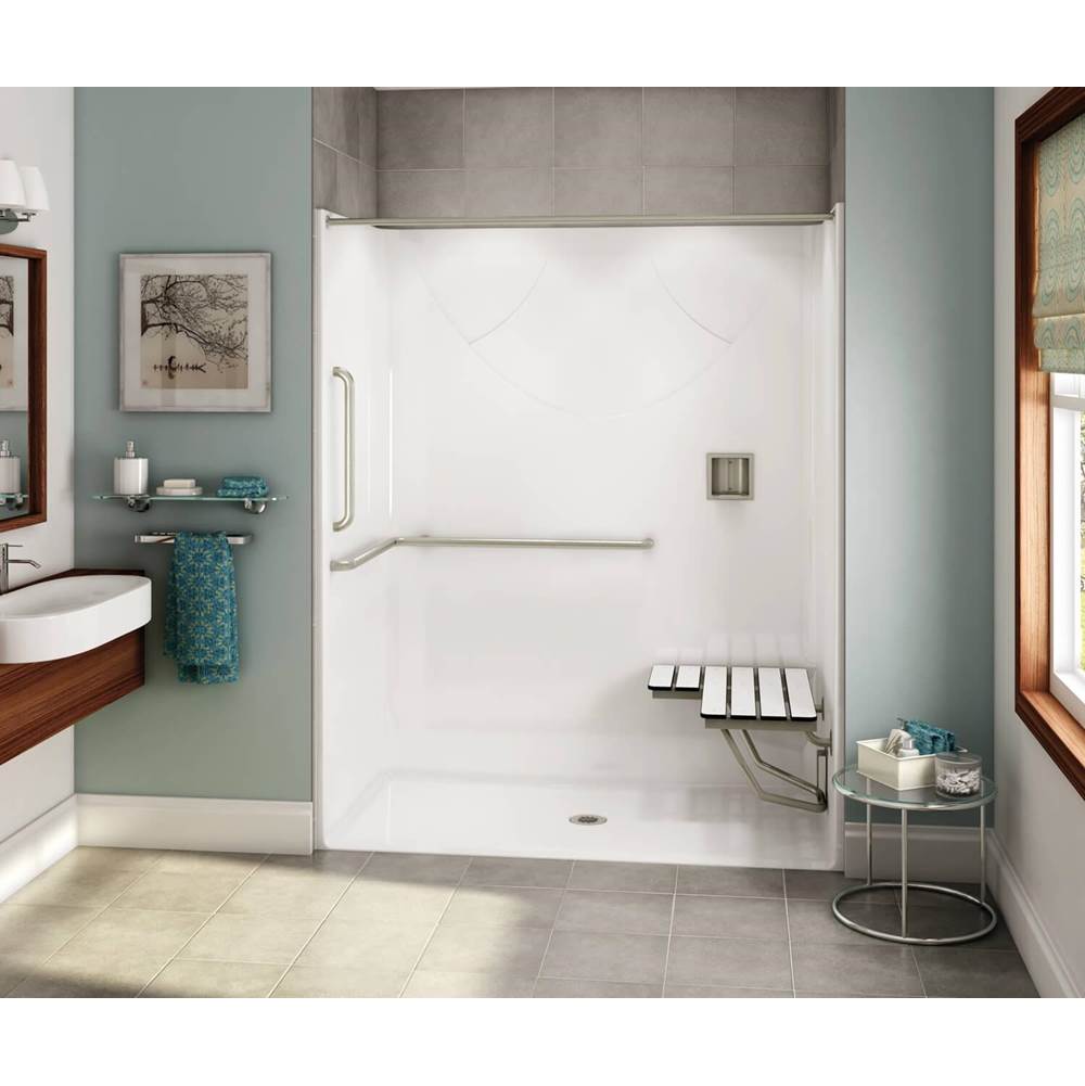 Aker OPS-6030-RS AcrylX Alcove Center Drain One-Piece Shower in Sterling Silver - ANSI Grab Bar and seat