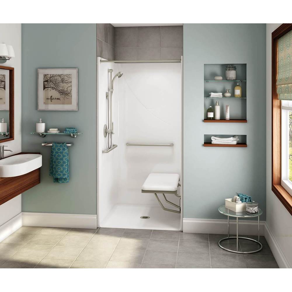 Aker OPS-3636-RS AcrylX Alcove Center Drain One-Piece Shower in White - with MASS grab bar and seat