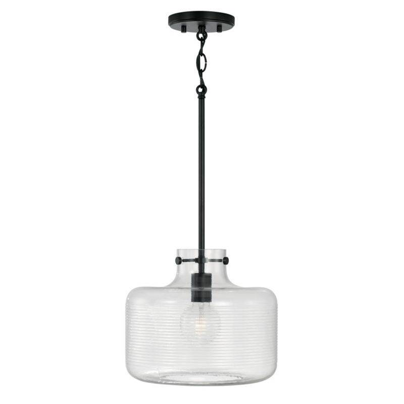 Capital Lighting 1-Light Pendant in Matte Black with Clear Ribbed Glass