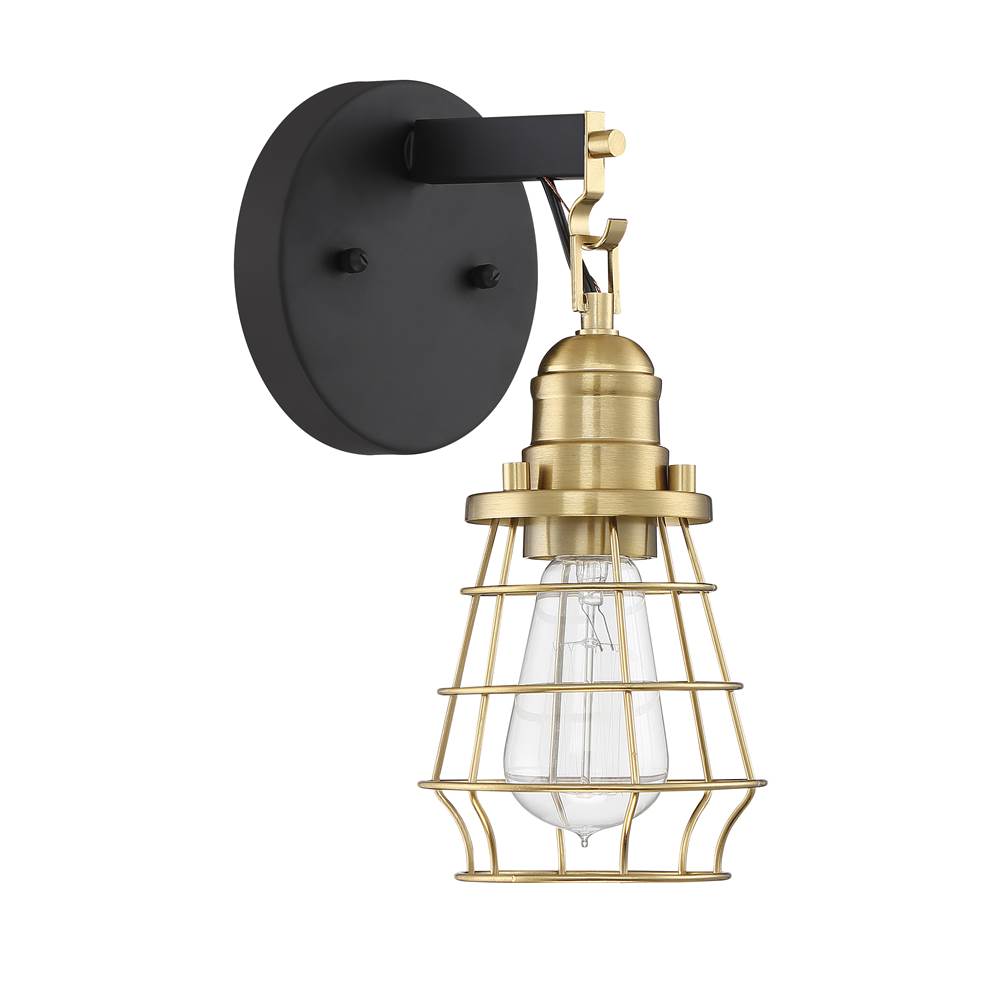 Craftmade Thatcher 1 Light Wall Sconce in Flat Black with Satin Brass Cage