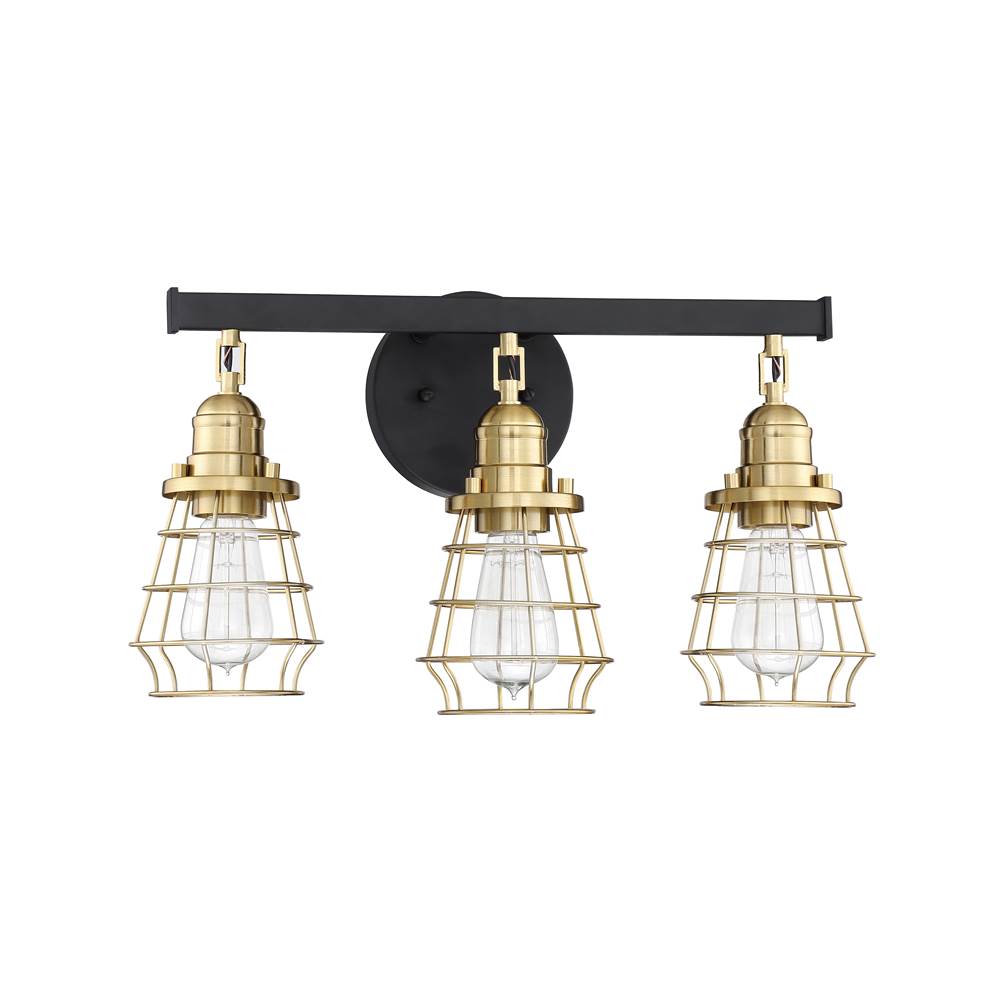 Craftmade Thatcher 3 Light Vanity in Flat Black with Satin Brass Cages