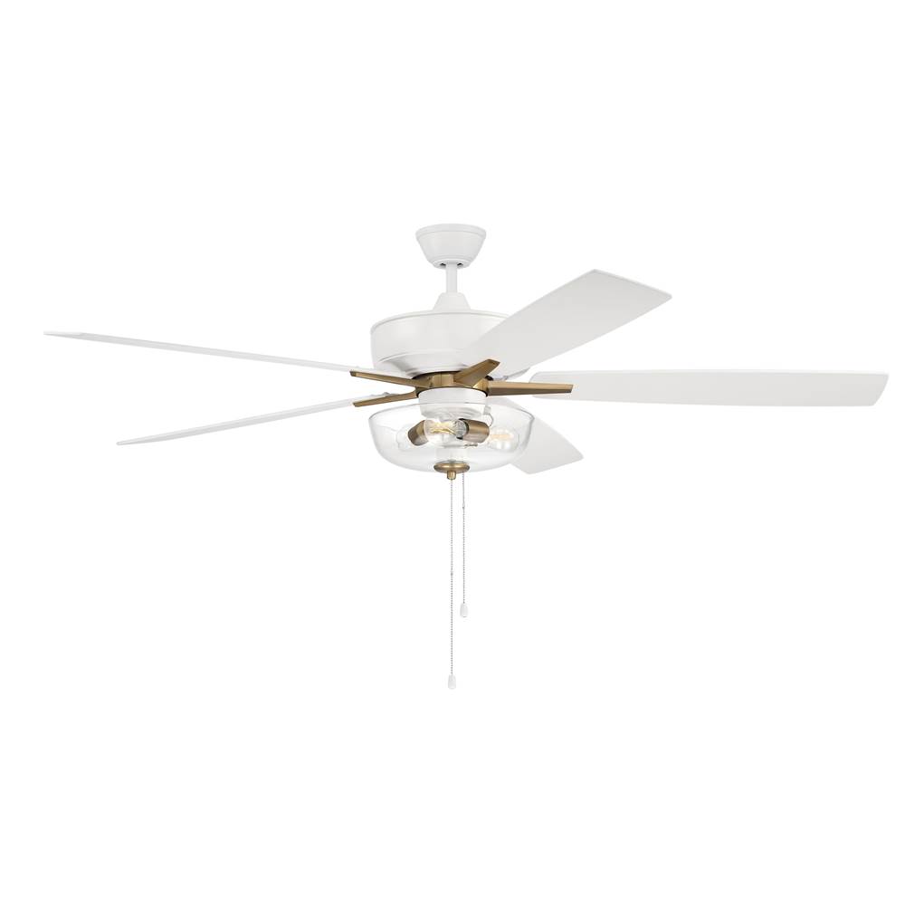 Craftmade 60'' Super Pro Fan with Clear Bowl Light Kit in White/Satin Brass with Reversible White/Washed Oak Blades