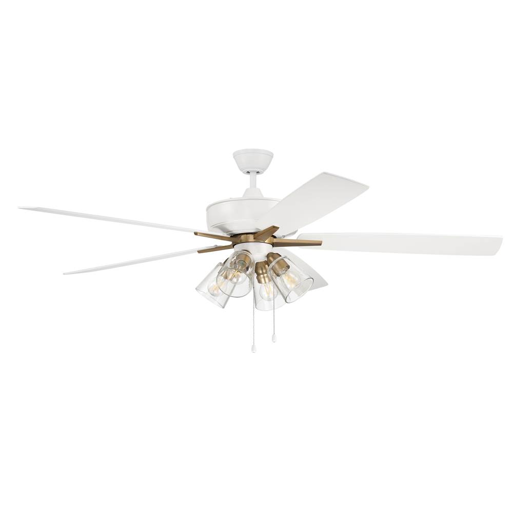 Craftmade 60'' Super Pro Fan with Clear 4 Light Kit in White/Satin Brass with Reversible White/Washed Oak Blades