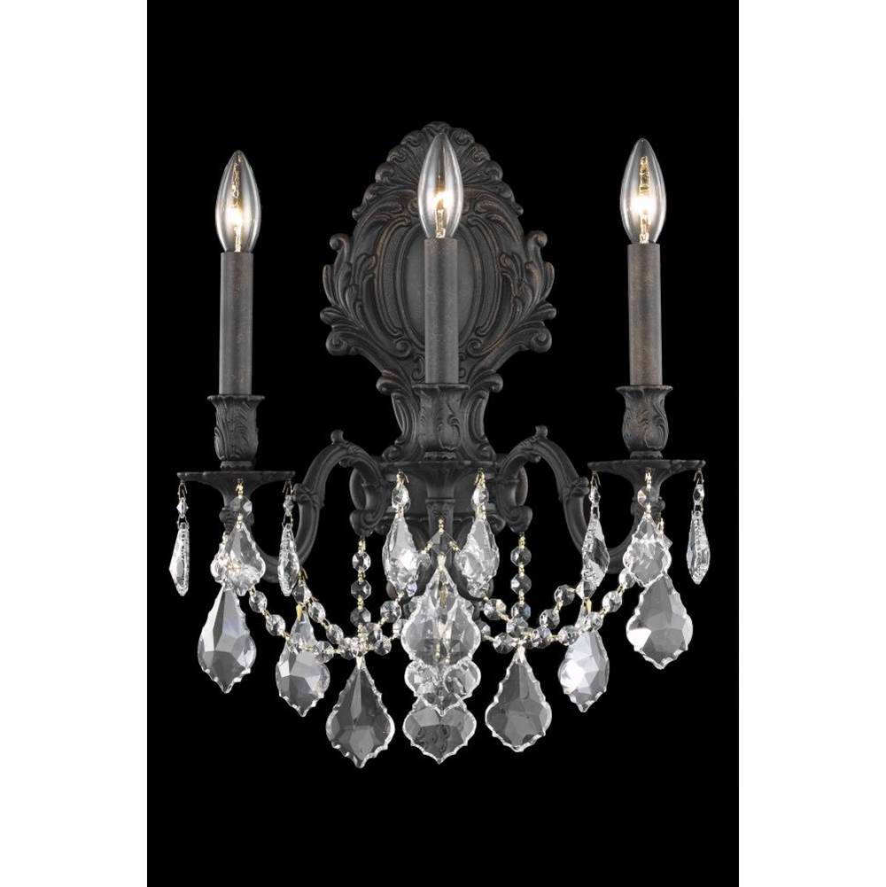 Elegant Lighting Monarch 3 Light Dark Bronze Wall Sconce Clear Royal Cut Crystal