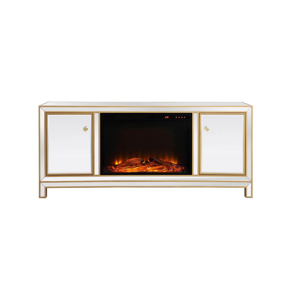 Elegant Lighting Reflexion Reflexion 60 In. Mirrored Tv Stand With Wood Fireplace In Gold