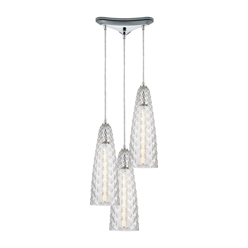 Elk Lighting Glitzy 3-Light Triangular Mini Pendant Fixture in Polished Chrome with Clear Glass