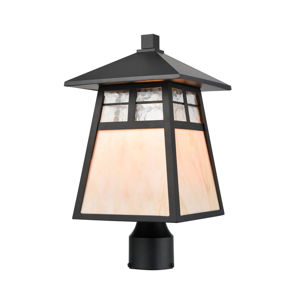 Elk Lighting Cottage 1-Light Post Mount in Matte Black With Antique White Art Glass and Clear Textured Glass