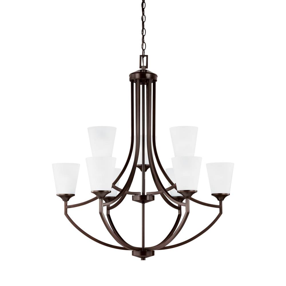 Generation Lighting Hanford Traditional 9-Light Indoor Dimmable Ceiling Chandelier Pendant Light In Bronze Finish With Satin Etched Glass Shades