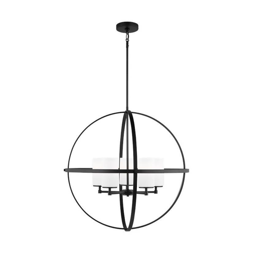 Generation Lighting Alturas Indoor Dimmable 5-Light Single Tier Chandelier In Midnight Black W/Spherical Steel Frame And Cylindrical Satin Etched White Glass Shades