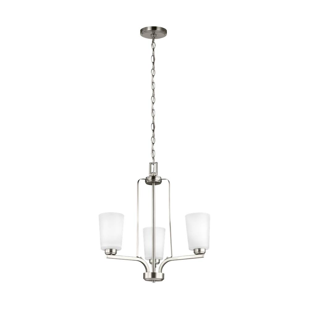 Generation Lighting Franport Transitional 3-Light Indoor Dimmable Ceiling Chandelier Pendant Light In Brushed Nickel Silver Finish With Etched White Glass Shades