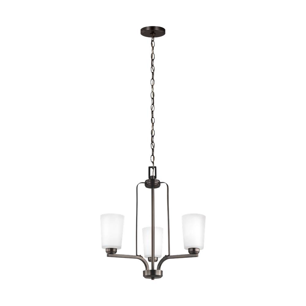 Generation Lighting Franport Transitional 3-Light Led Indoor Dimmable Ceiling Chandelier Pendant Light In Bronze Finish With Etched White Glass Shades