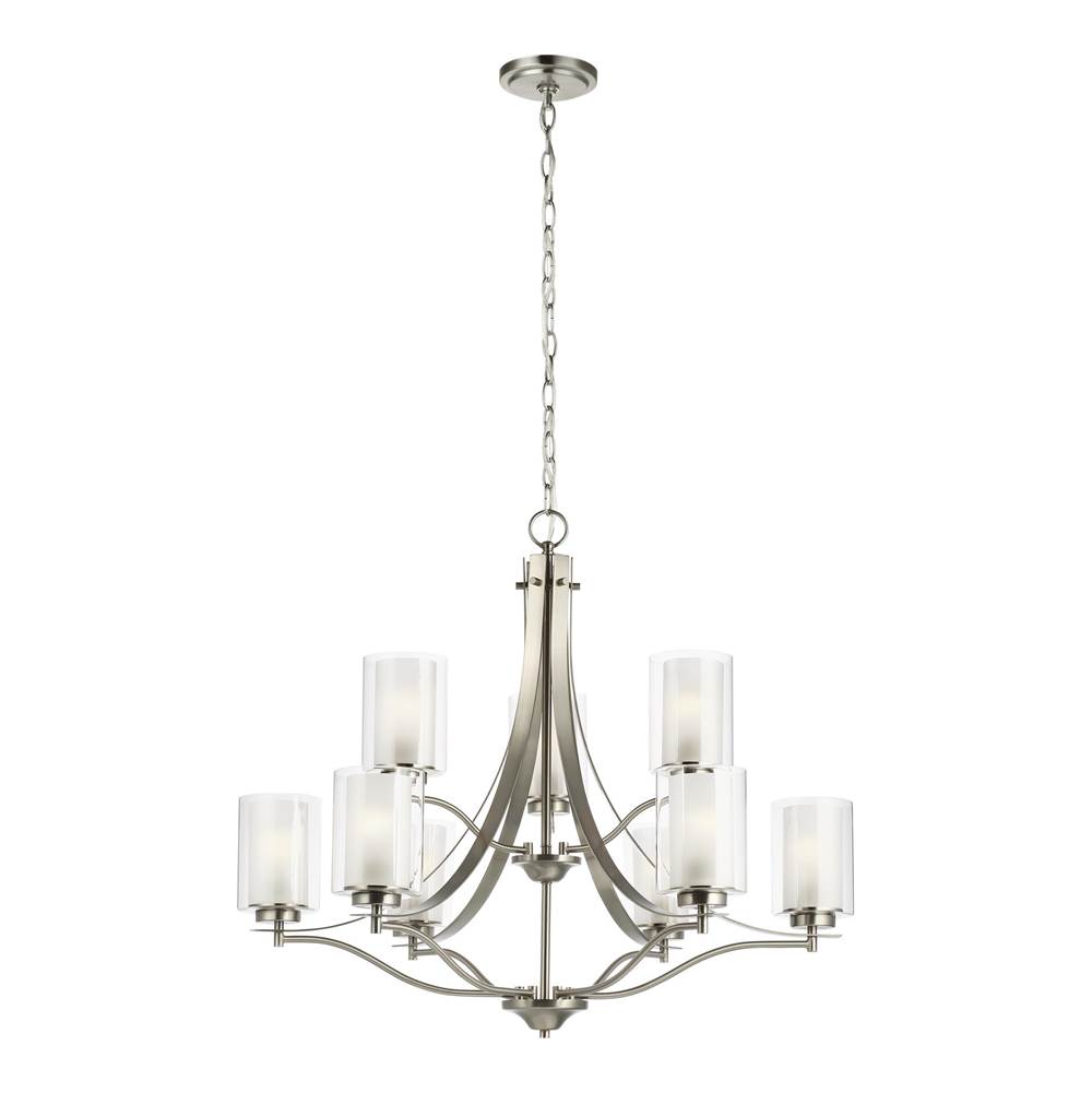 Generation Lighting Elmwood Park Traditional 9-Light Led Ceiling Chandelier Pendant Light In Brushed Nickel Silver W/Satin Etched Glass Shades And Clear Glass Shades
