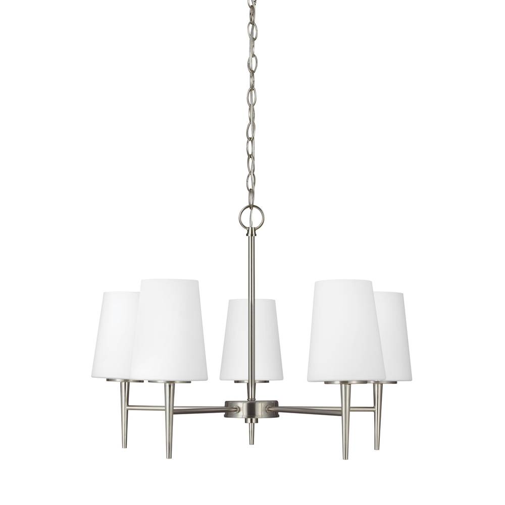 Generation Lighting Driscoll Contemporary 5-Light Led Indoor Dimmable Ceiling Chandelier Pendant Light In Brushed Nickel Silver Finish With Cased Opal Etched Glass