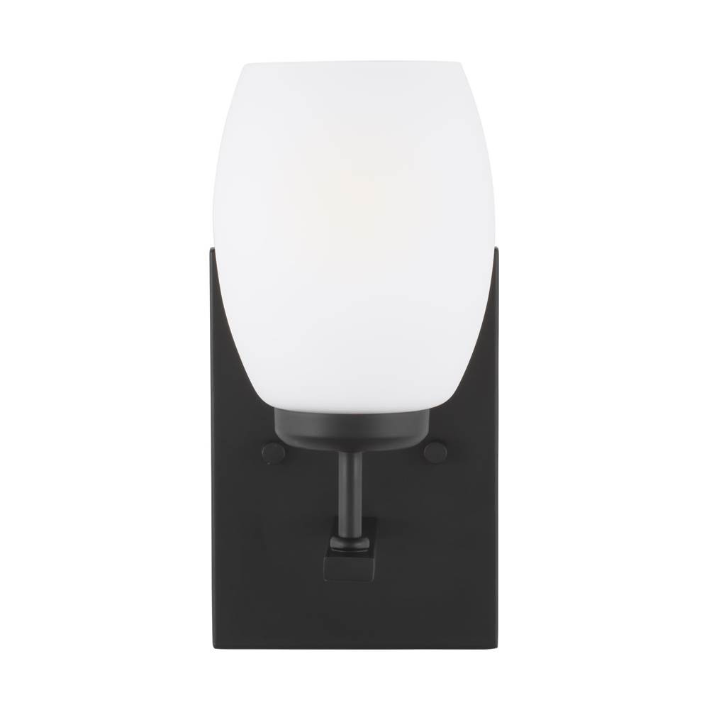 Generation Lighting Catlin Modern 1-Light Indoor Dimmable Bath Vanity Wall Sconce In Midnight Black Finish With Etched White Inside Glass Shade