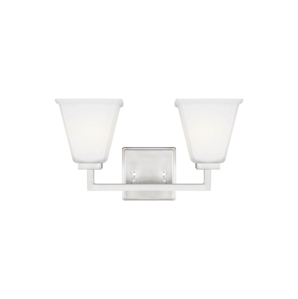 Generation Lighting Ellis Harper Transitional 2-Light Indoor Dimmable Bath Vanity Wall Sconce In Brushed Nickel Silver Finish With Etched White Inside Glass Shades