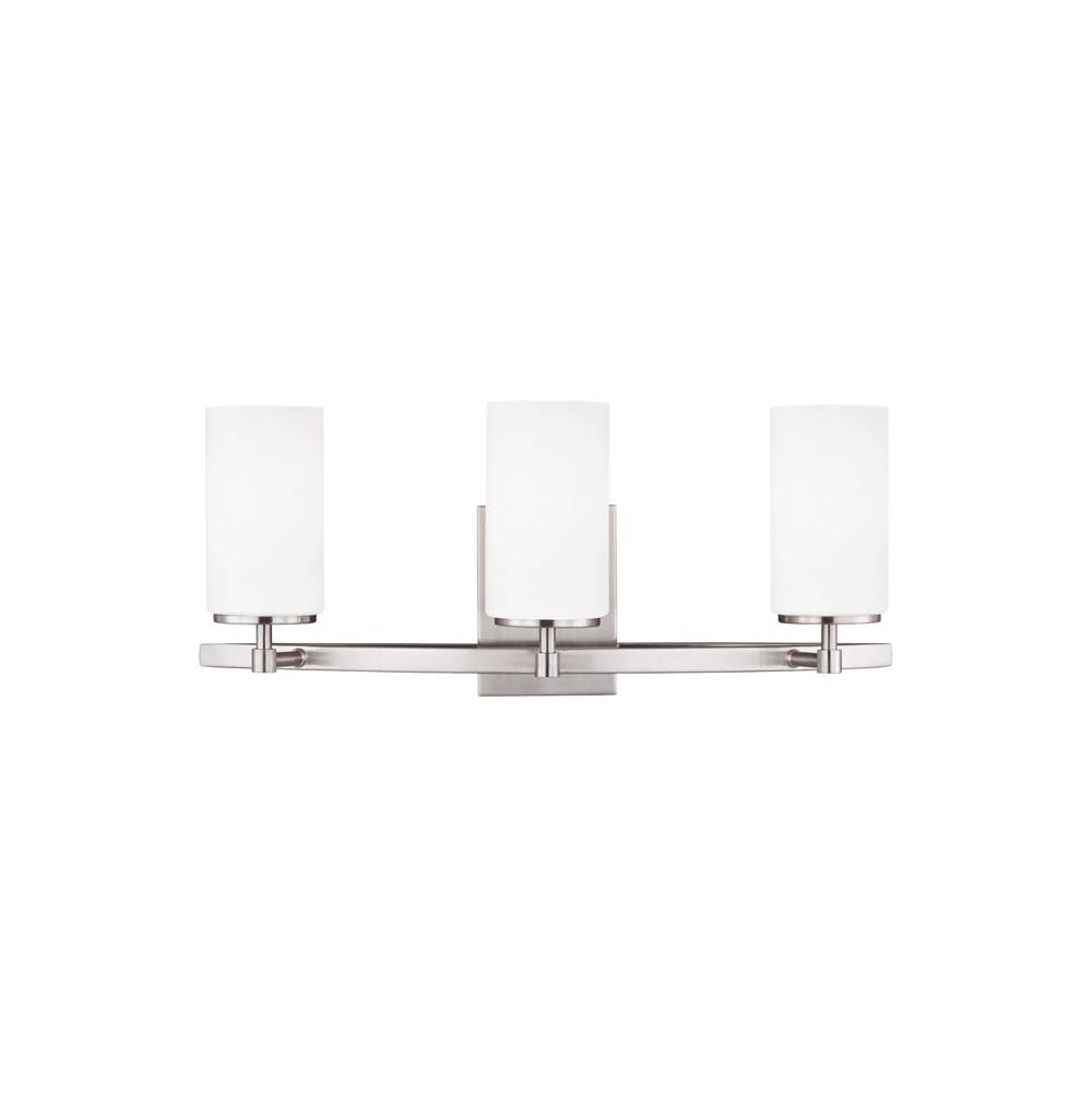 Generation Lighting Alturas Contemporary 3-Light Indoor Dimmable Bath Vanity Wall Sconce In Brushed Nickel Silver Finish With Etched White Inside Glass Shades