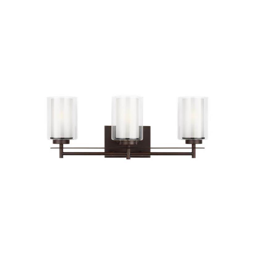 Generation Lighting Elmwood Park Traditional 3-Light Led Indoor Dimmable Bath Vanity Wall Sconce In Bronze Finish W/Satin Etched Glass Shades And Clear Glass Shades