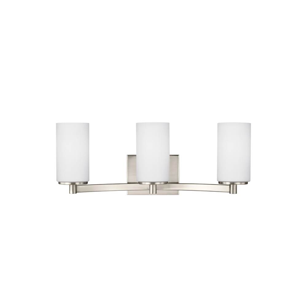 Generation Lighting Hettinger Transitional 3-Light Indoor Dimmable Bath Vanity Wall Sconce In Brushed Nickel Silver Finish With Etched White Inside Glass Shades