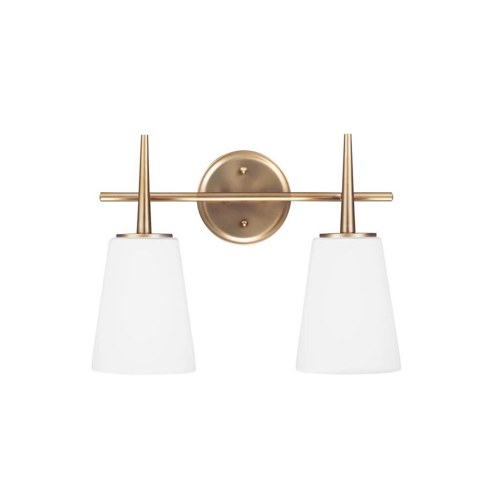 Generation Lighting Driscoll Contemporary 2-Light Led Indoor Dimmable Bath Vanity Wall Sconce In Satin Brass Gold Finish With Cased Opal Etched Glass