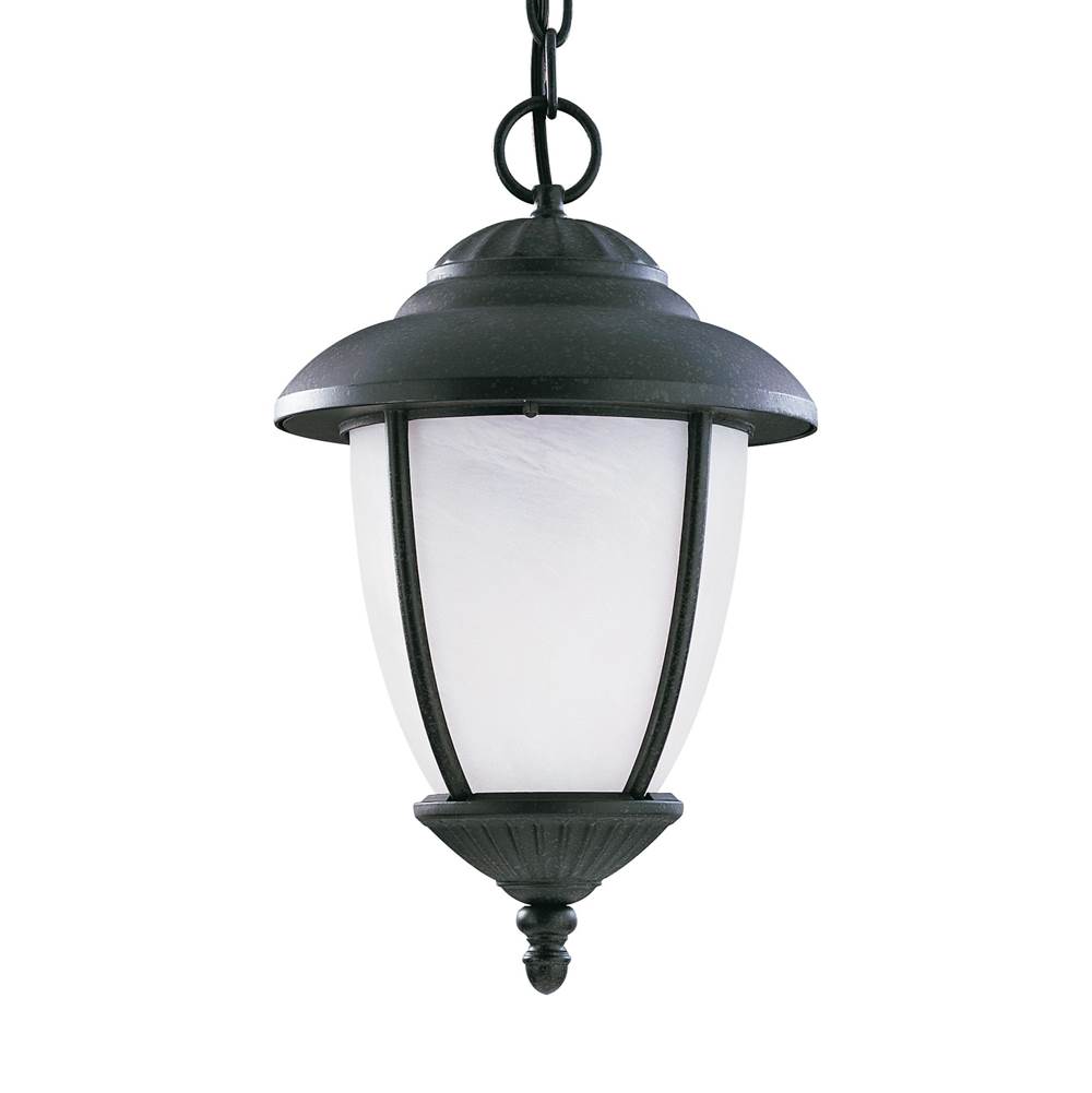 Generation Lighting Yorktown Transitional 1-Light Outdoor Exterior Ceiling Hanging Pendant In Forged Iron Finish With Swirled Marbleize Glass Shade