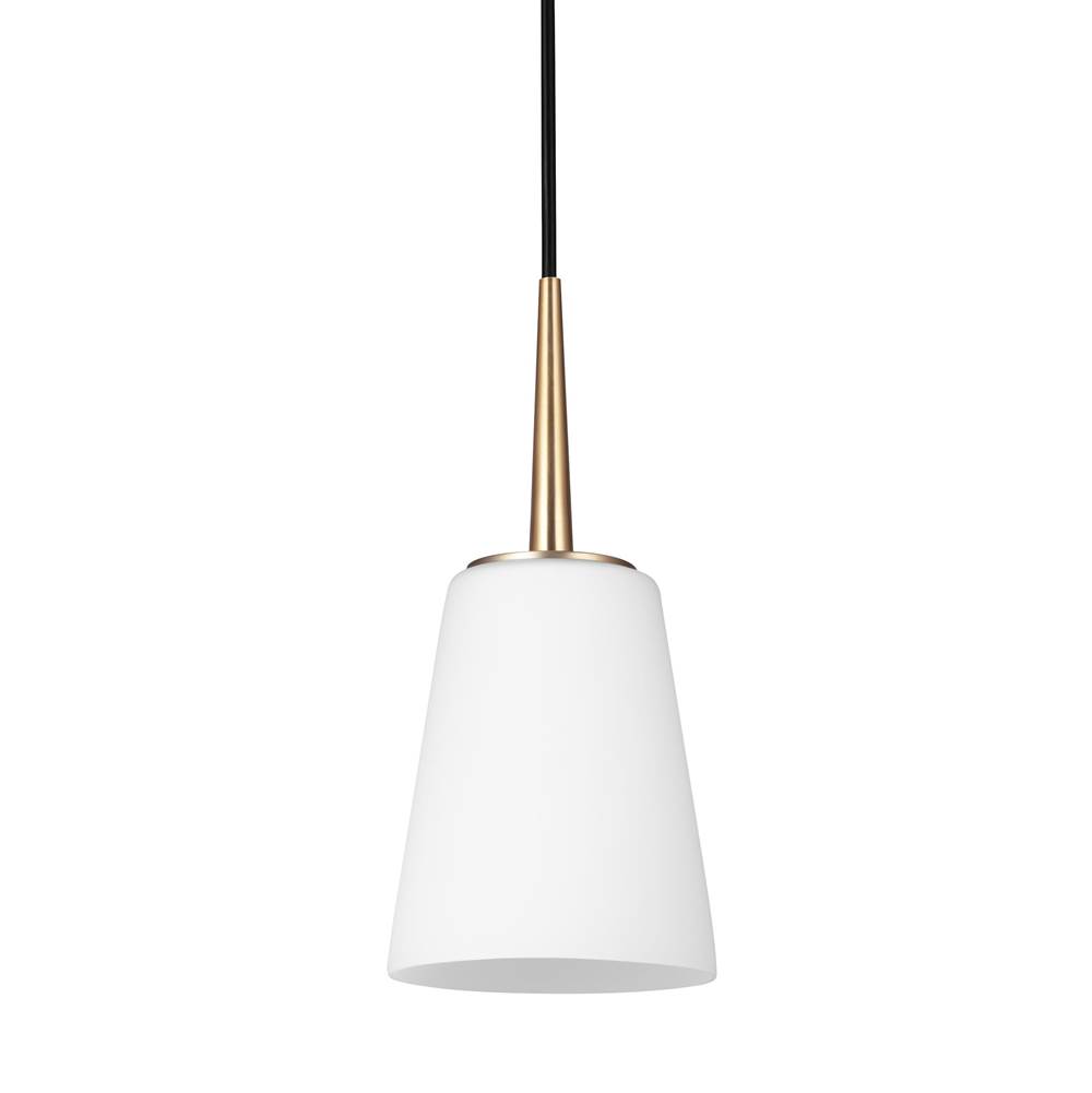 Generation Lighting Driscoll Contemporary 1-Light Indoor Dimmable Ceiling Hanging Single Pendant Light In Satin Brass Gold Finish With Cased Opal Etched Glass