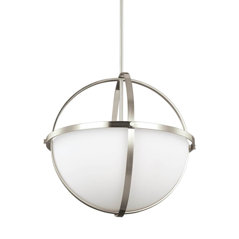 Generation Lighting Alturas Contemporary 3-Light Led Indoor Ceiling Pendant Hanging Chandelier Pendant Light In Brushed Nickel Silver W/Etched White Inside Glass Shade