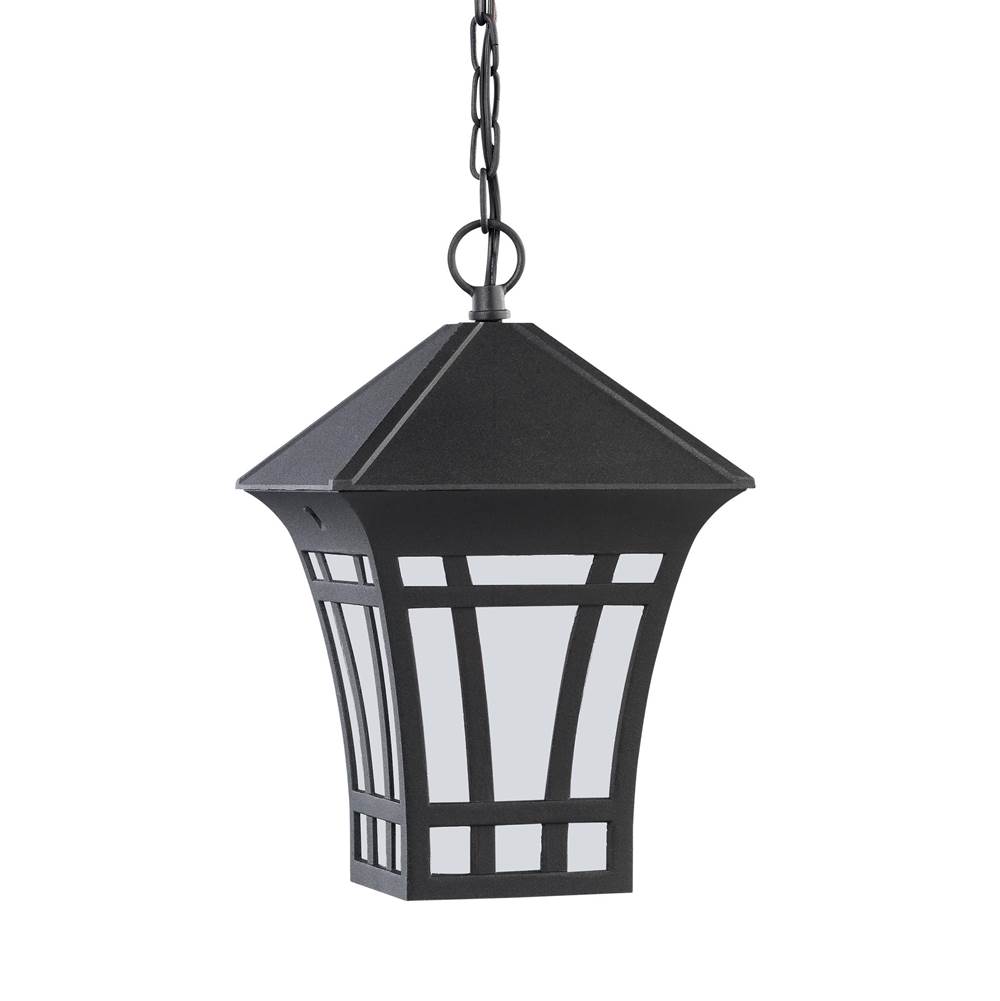 Generation Lighting Herrington Transitional 1-Light Outdoor Exterior Hanging Ceiling Pendant In Black Finish With Etched White Glass Panels