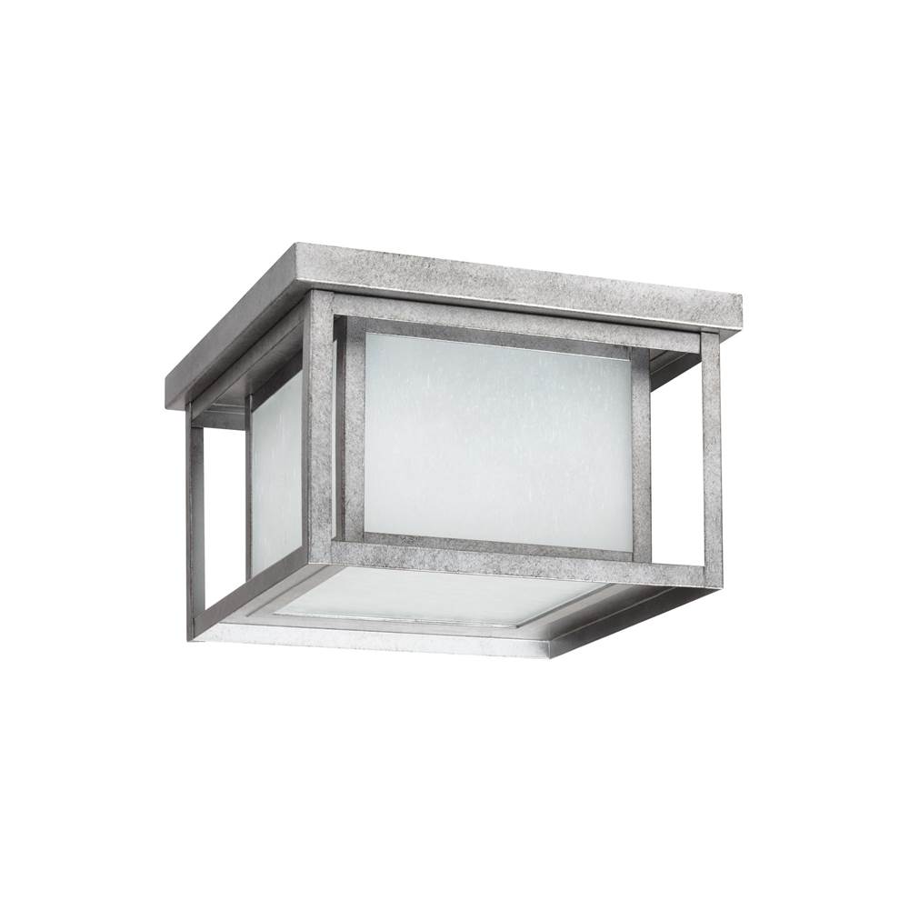 Generation Lighting Hunnington Contemporary 2-Light Outdoor Exterior Ceiling Flush Mount In Weathered Pewter Grey Finish With Etched Seeded Glass Panels