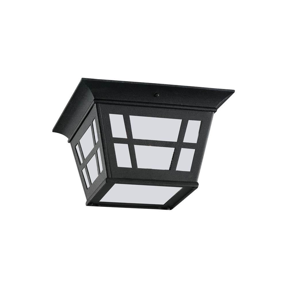 Generation Lighting Herrington Transitional 2-Light Outdoor Exterior Ceiling Flush Mount In Black Finish With Etched White Glass Panels