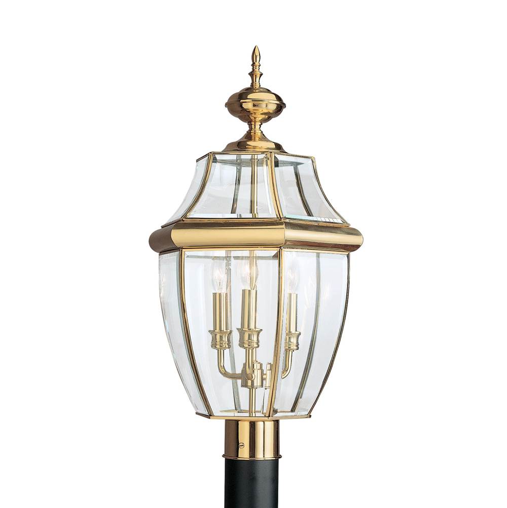 Generation Lighting Lancaster Traditional 3-Light Led Outdoor Exterior Post Lantern In Polished Brass Gold Finish With Clear Curved Beveled Glass Shade