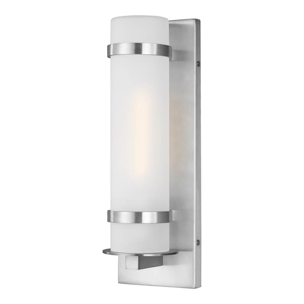 Generation Lighting Alban Modern 1-Light Led Outdoor Exterior Small Round Wall Lantern Sconce In Satin Aluminum Silver Finish With Etched Opal Glass Shade