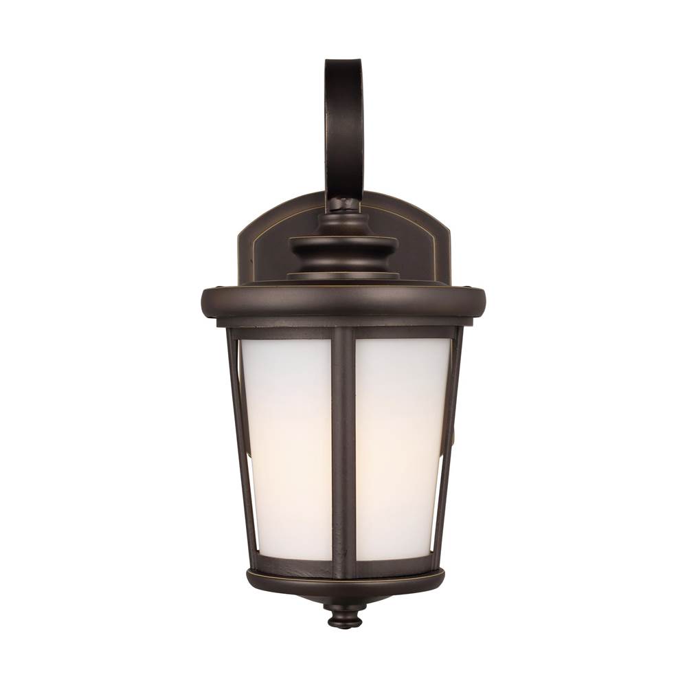 Generation Lighting Eddington Modern 1-Light Led Outdoor Exterior Small Wall Lantern Sconce In Antique Bronze Finish With Cased Opal Etched Glass Panel