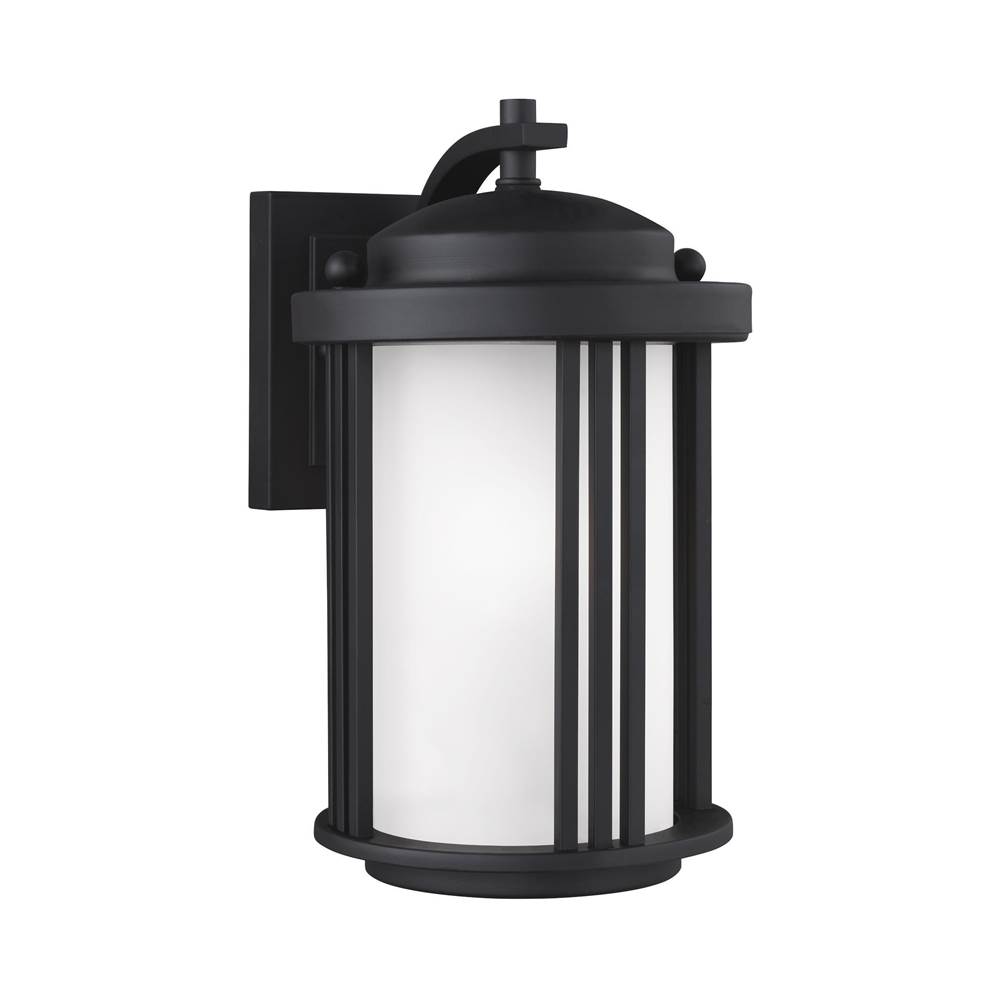 Generation Lighting Crowell Contemporary 1-Light Led Outdoor Exterior Small Wall Lantern Sconce In Black Finish W/Satin Etched Glass Shade And White Aluminum Shade