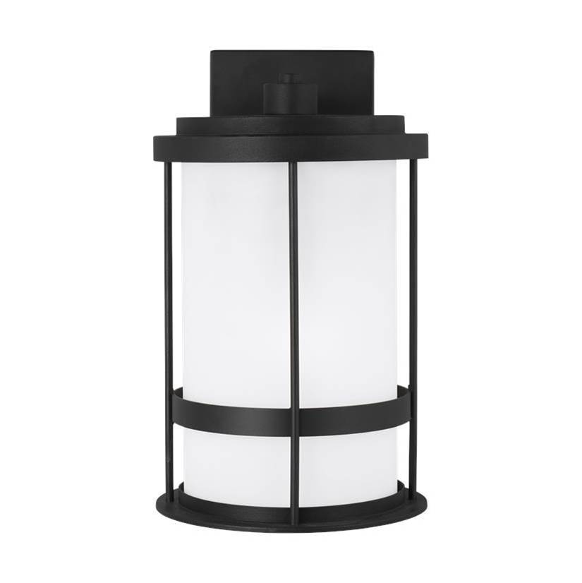 Generation Lighting Wilburn Modern 1-Light Outdoor Exterior Medium Wall Lantern Sconce In Black Finish With Satin Etched Glass Shade