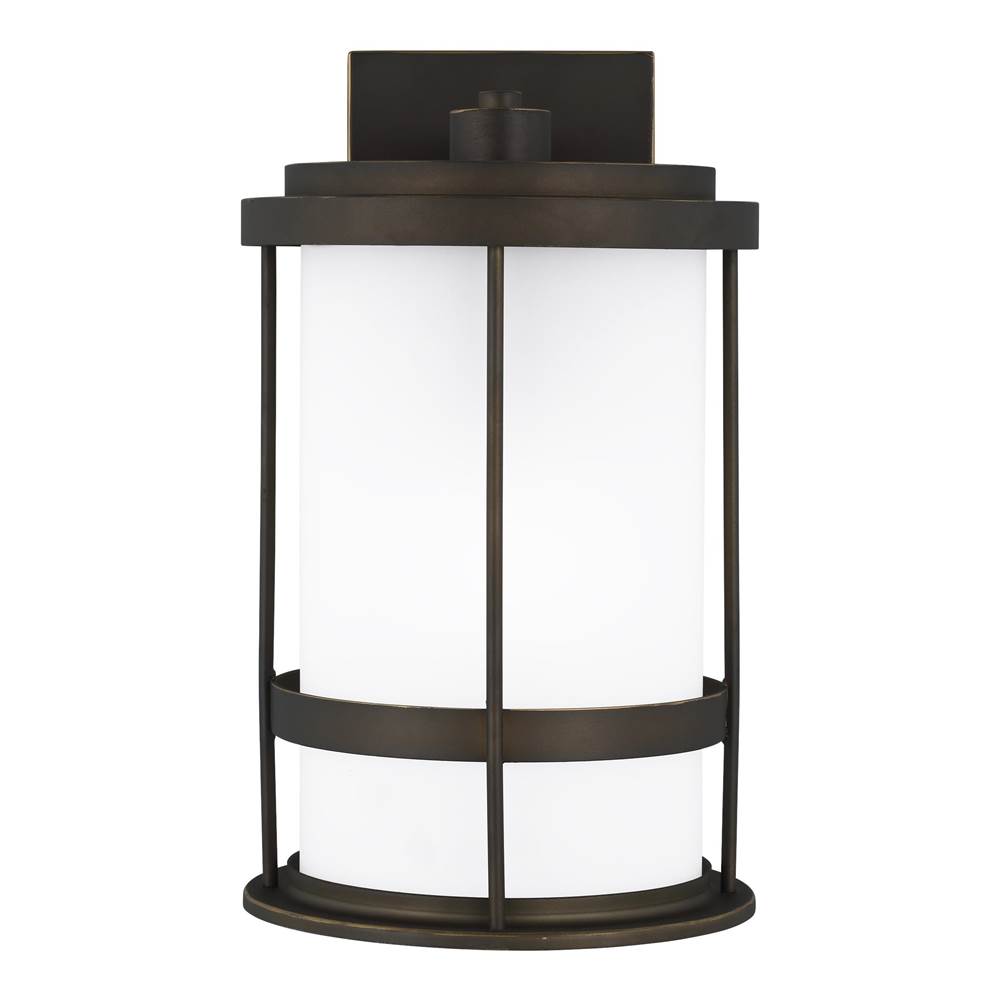 Generation Lighting Wilburn Modern 1-Light Led Outdoor Exterior Dark Sky Compliant Medium Wall Lantern Sconce In Antique Bronze Finish With Satin Etched Glass Shade