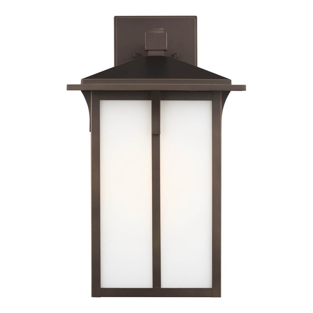 Generation Lighting Tomek Modern 1-Light Outdoor Exterior Large Wall Lantern Sconce In Antique Bronze Finish With Etched White Glass Panels