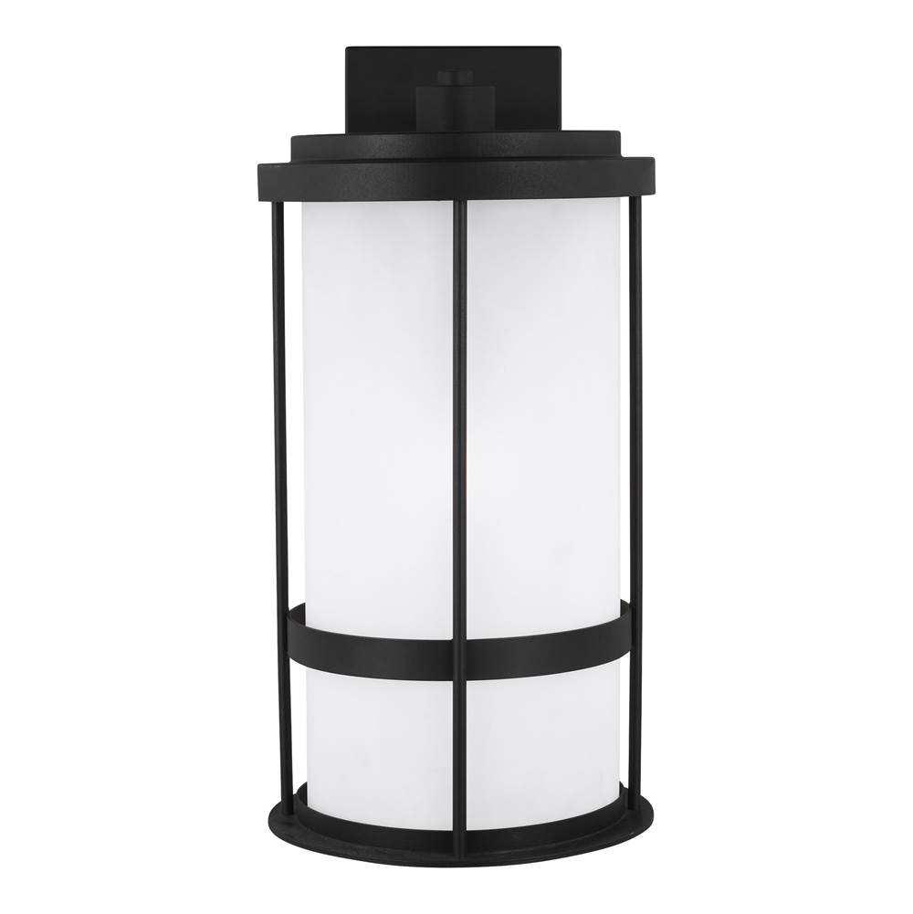 Generation Lighting Wilburn Modern 1-Light Led Outdoor Exterior Dark Sky Compliant Large Wall Lantern Sconce In Black Finish With Satin Etched Glass Shade