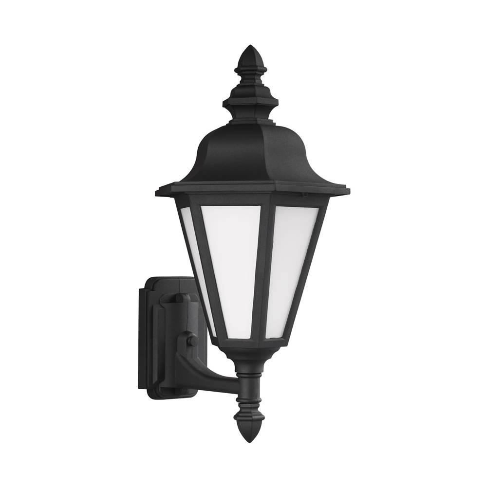 Generation Lighting Brentwood Traditional 1-Light Outdoor Exterior Medium Uplight Wall Lantern Sconce In Black Finish With Smooth White Glass Panels