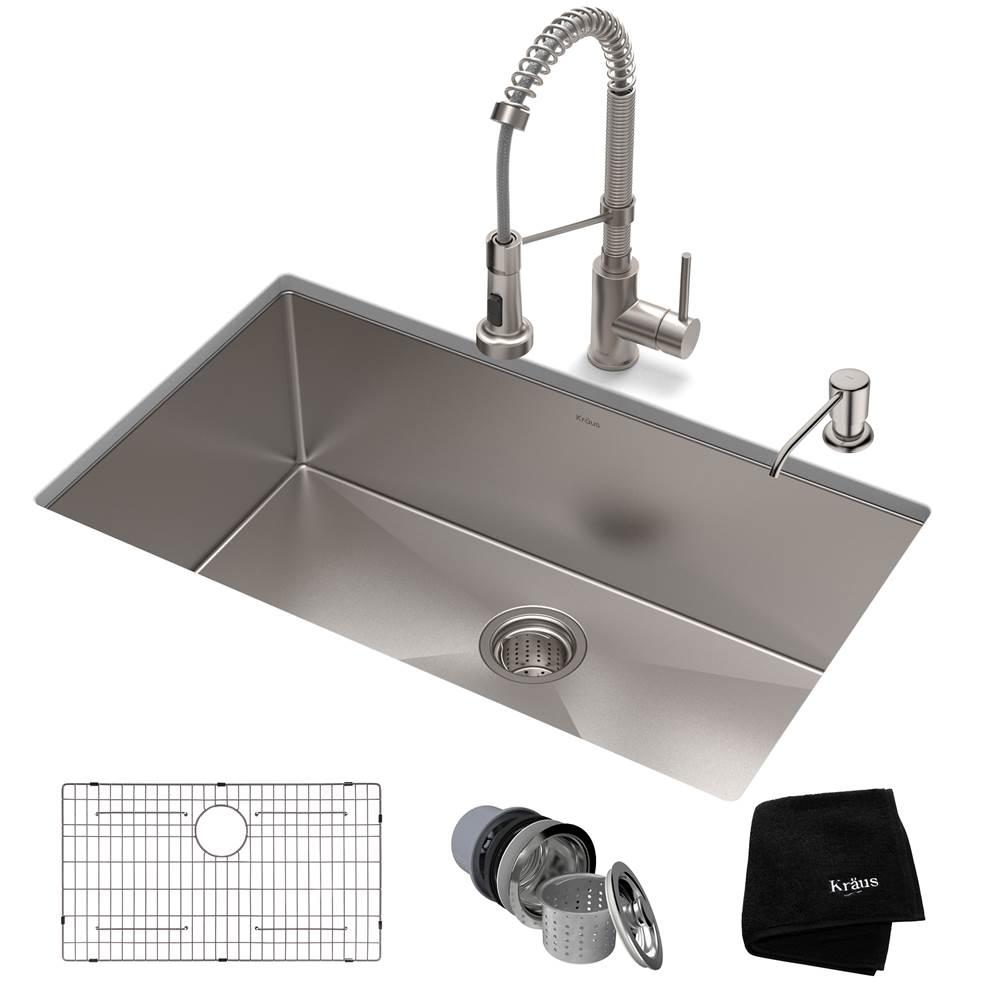 Kraus 32-inch 16 Gauge Standart PRO Kitchen Sink Combo Set with Bolden 18-inch Kitchen Faucet and Soap Dispenser, Stainless Steel Finish