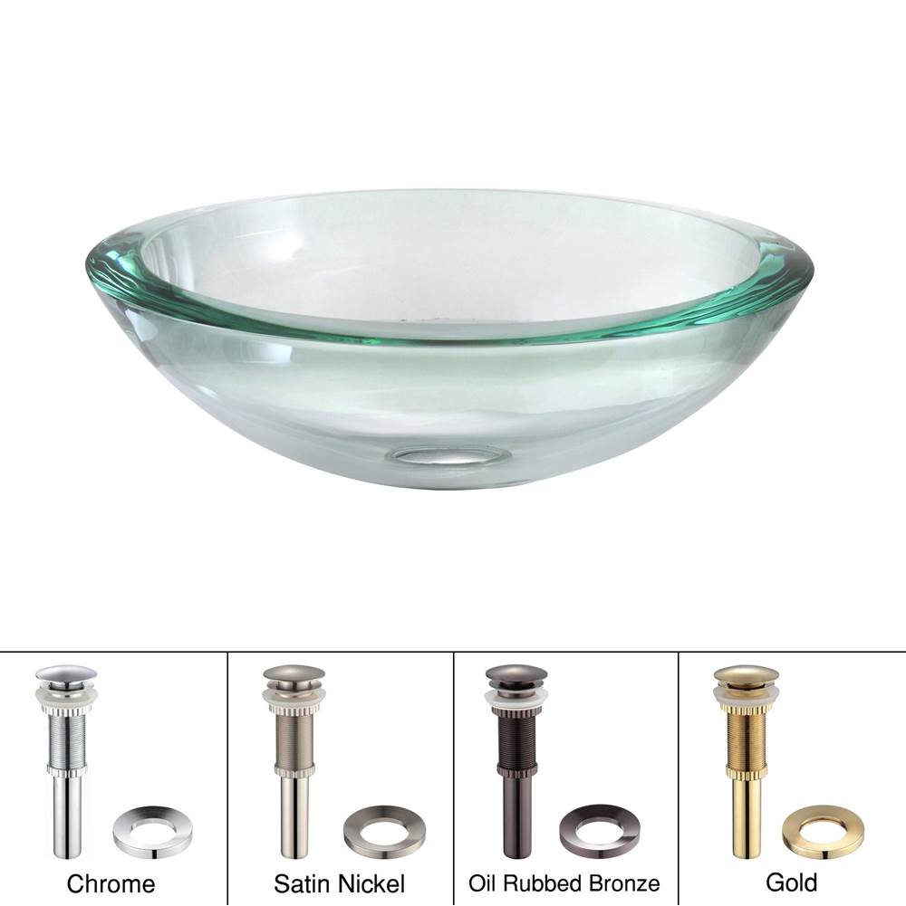 Kraus KRAUS 34 mm Thick Glass Vessel Sink in Clear with Pop-Up Drain and Mounting Ring in Chrome