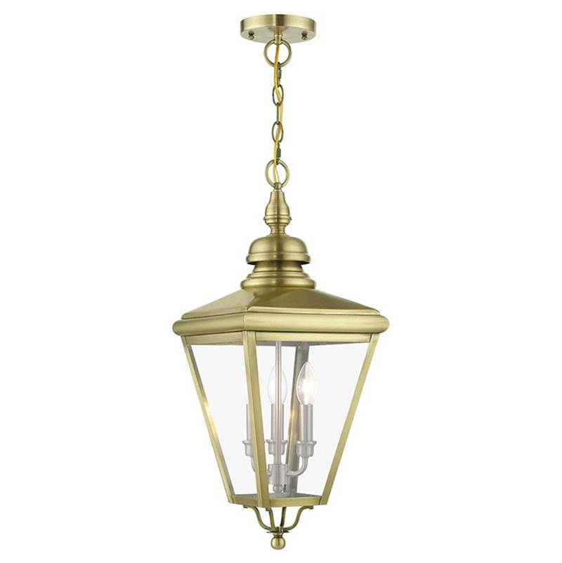Livex 3 Light Antique Brass Outdoor Large Pendant Lantern with Brushed Nickel Finish Cluster