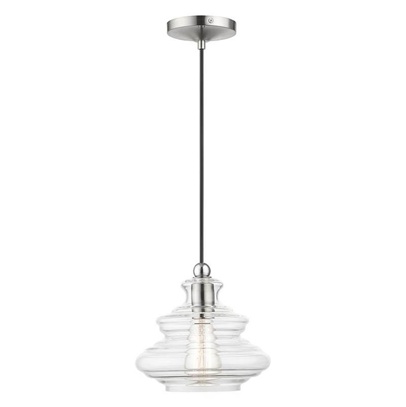 Livex 1 Light Brushed Nickel Pendant with Chrome Finish Accents