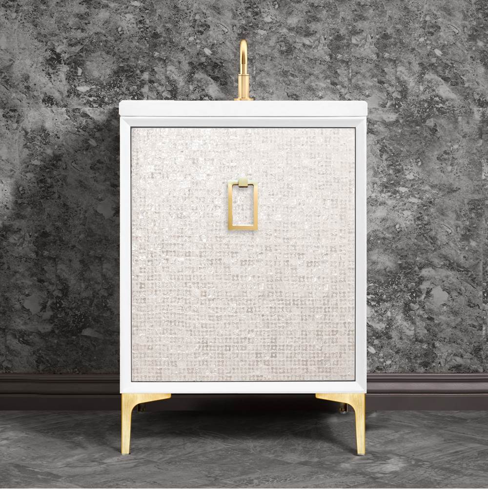 Linkasink Mother of Pearl 24'' Wide White Vanity with Satin Brass Coach Pull and Hardware, 24'' x 22'' x 33.5'' (without vanity top)