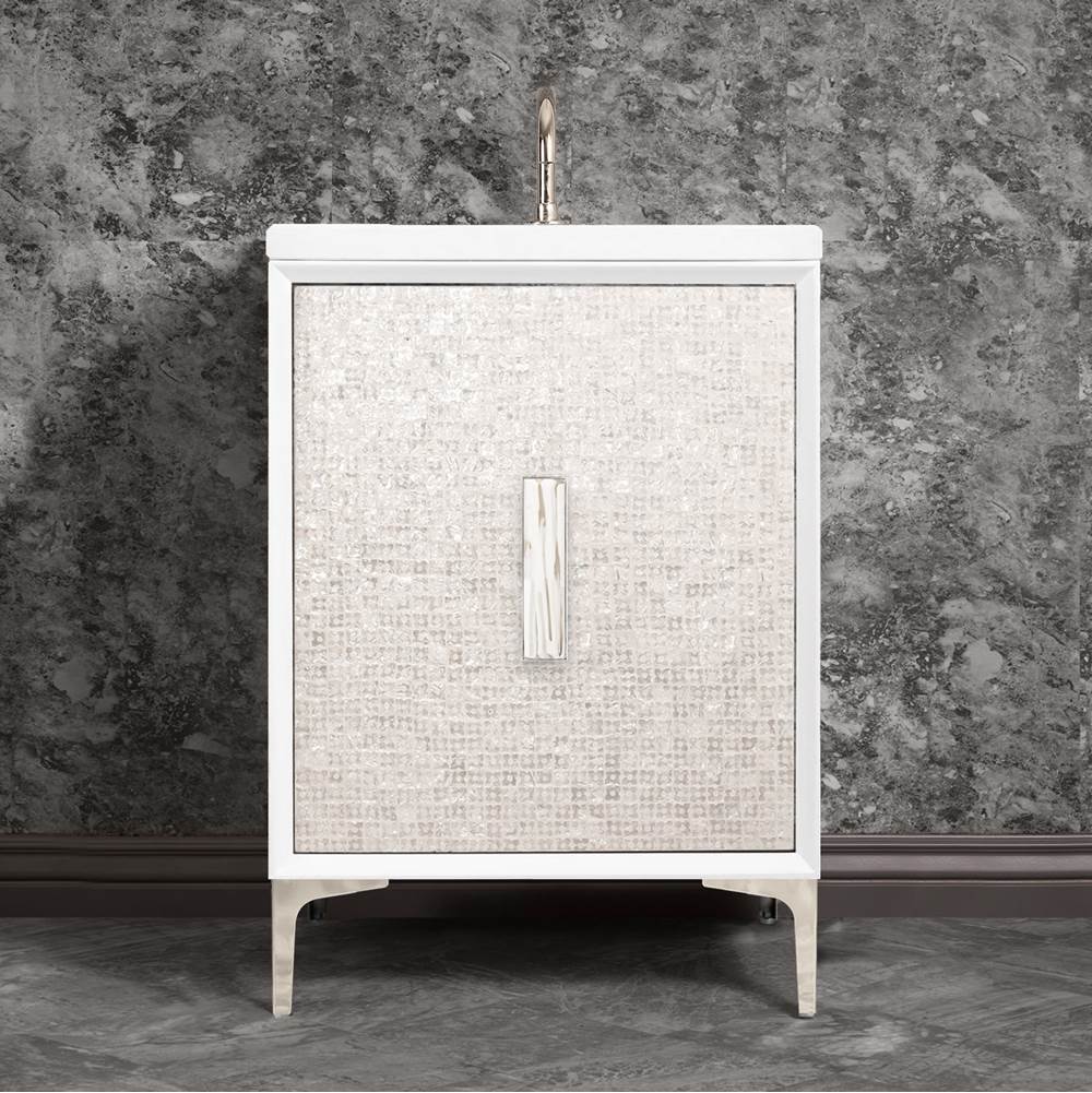 Linkasink MOTHER OF PEARL with 8'' Artisan Glass Prism Hardware 24'' Wide Vanity, White, Polished Nickel Hardware, 24'' x 22'' x 33.5'' (without vanity top)