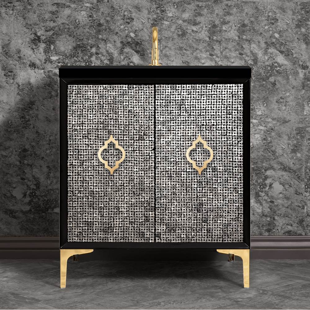 Linkasink Mother of Pearl 30'' Wide Black Vanity with Satin Brass Arabesque Pull and Hardware, 30'' x 22'' x 33.5'' (without vanity top)