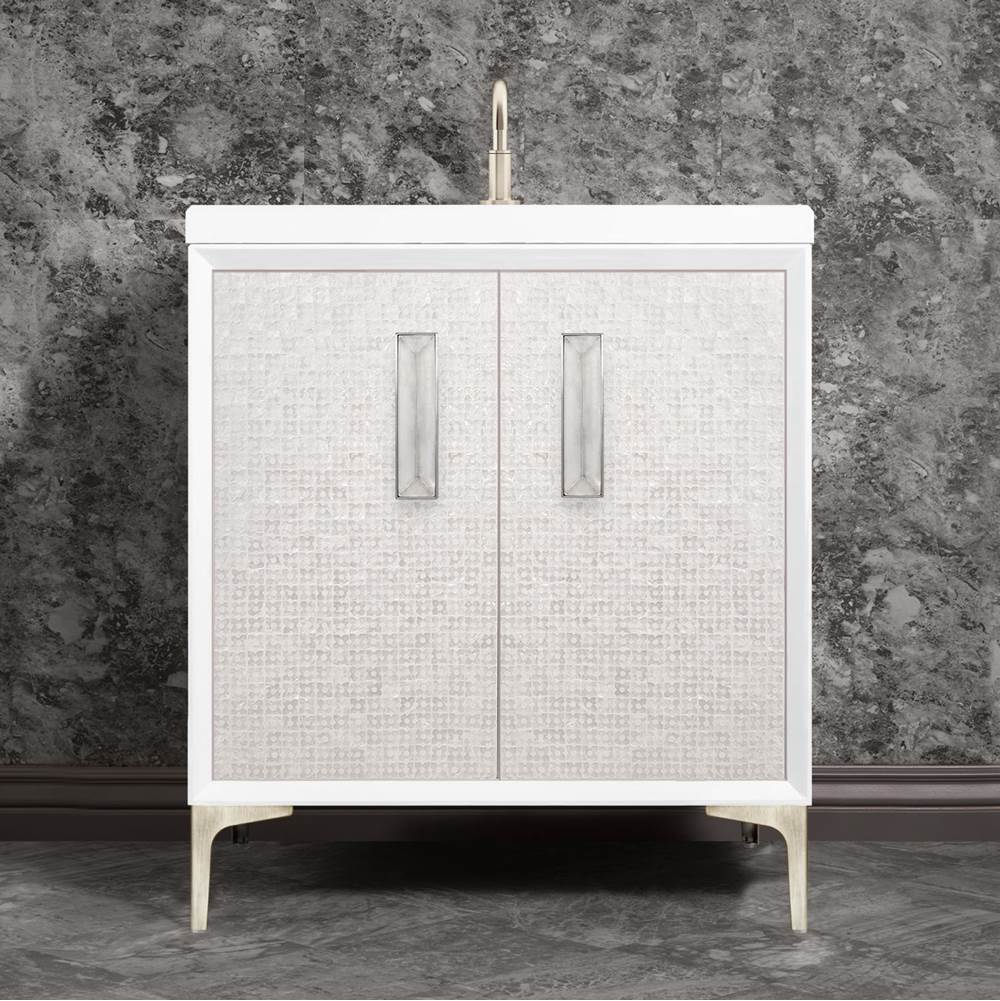 Linkasink MOTHER OF PEARL with 8'' Artisan Glass Prism Hardware 30'' Wide Vanity, White, Satin Nickel Hardware, 30'' x 22'' x 33.5'' (without vanity top)