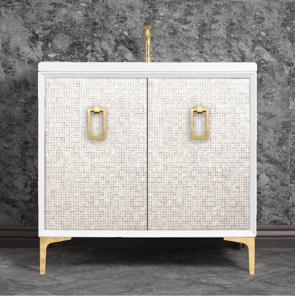 Linkasink Mother of Pearl 36'' Wide White Vanity with Polished Brass Coach Pull and Hardware