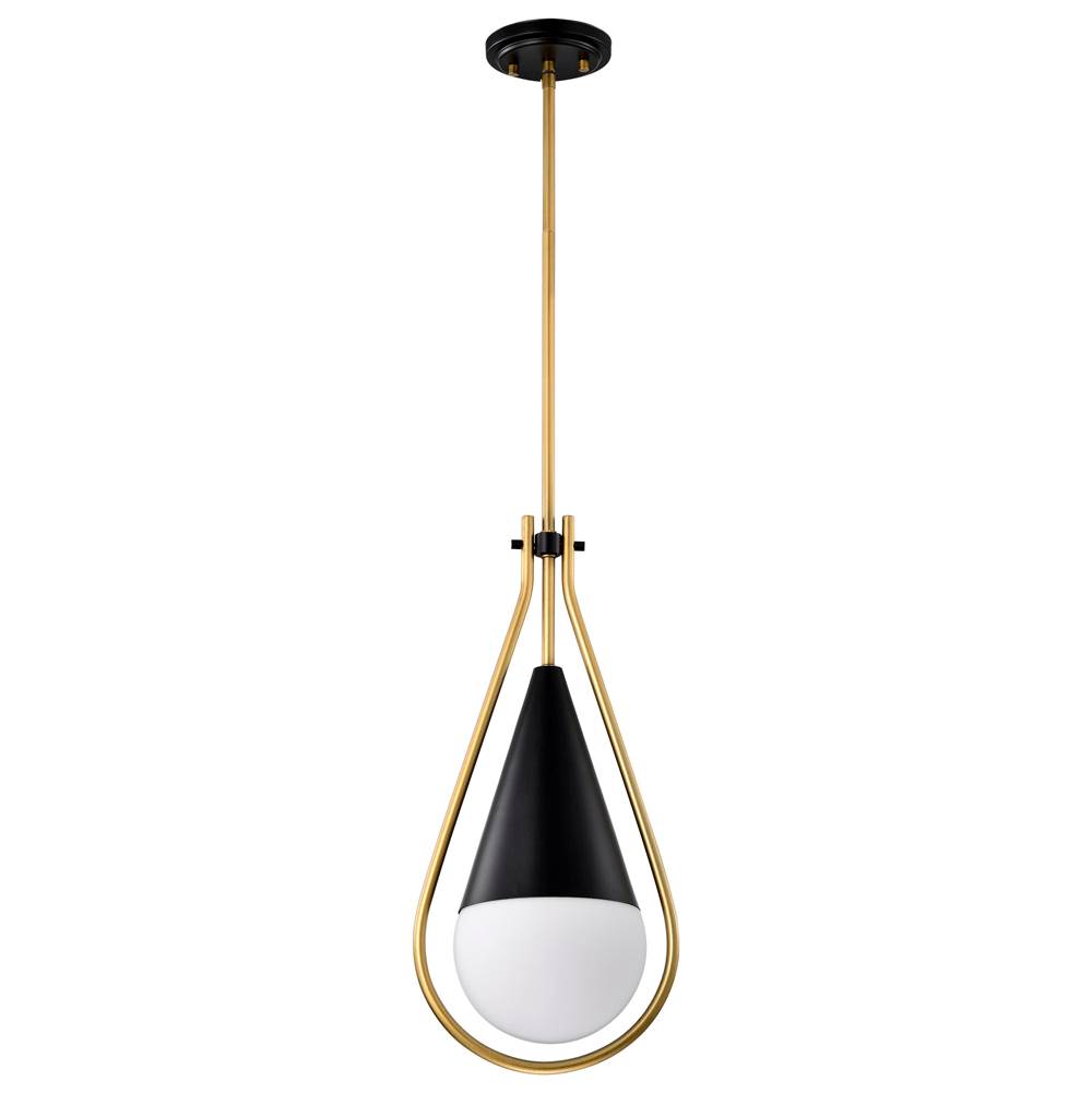 Nuvo Admiral 1 Light Pendant; 6 Inches; Matte Black and Natural Brass Finish; White Opal Glass